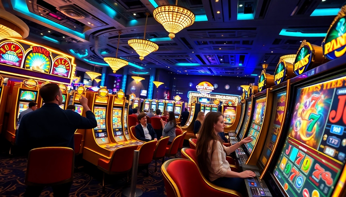 Players enjoying situs slot online at a lively casino with exciting slot machines.