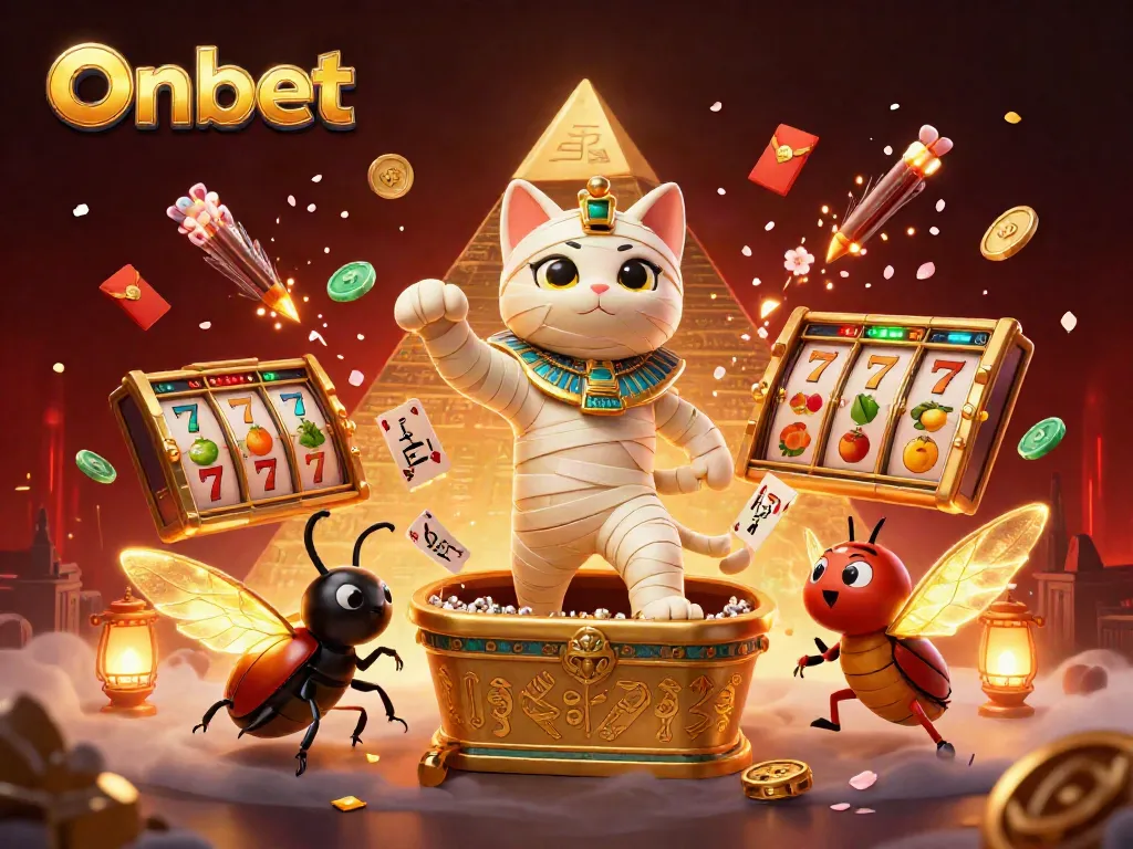Engage in the thrilling world of Onbet's casino with the magical mummy cat and scarab beetle.
