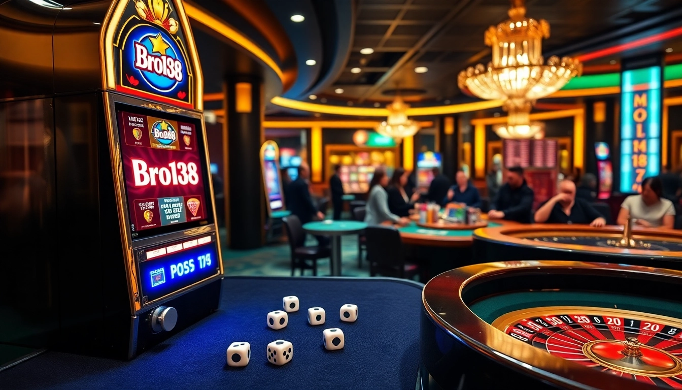 Experience the thrill of Bro138 in a dynamic casino scene with slot machines and high-stakes games.
