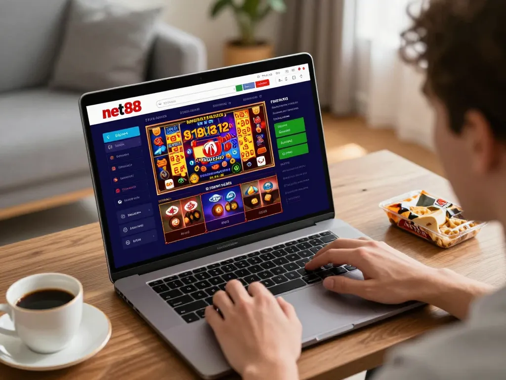 Engaging net88 online casino experience with live dealer games and vibrant slots on a laptop.