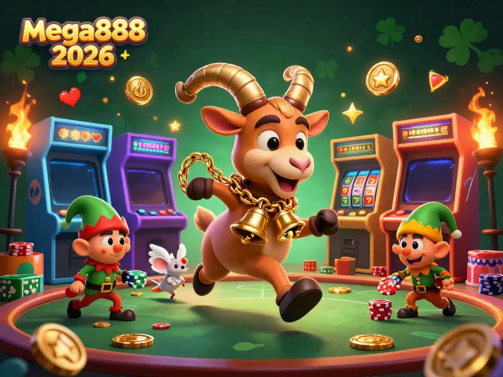 Play exciting casino games with mega888 2026 in a vibrant, animated scene featuring festive characters.