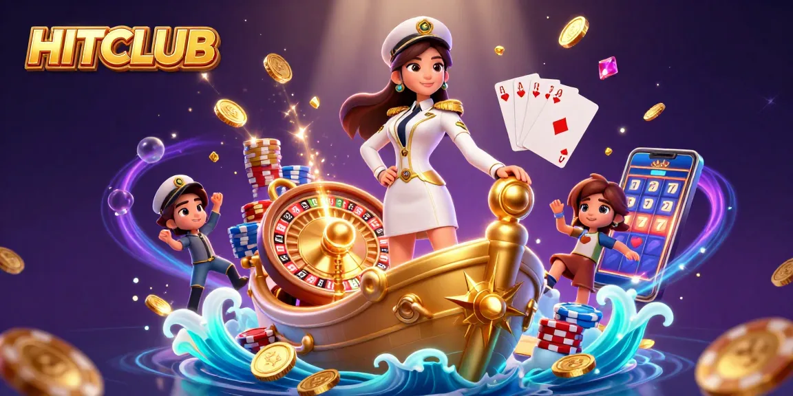 Engaging HITCLUB scene showcasing a commanding Asian woman at a golden ship bow surrounded by casino elements.