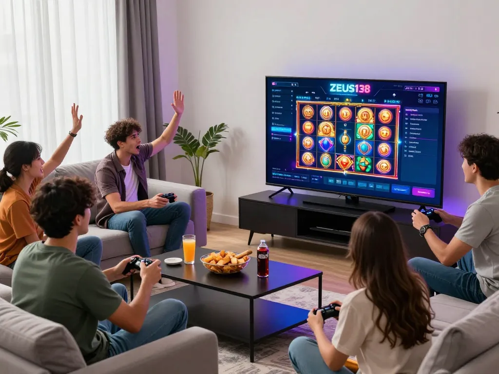 Friends enjoying a gaming session on Zeus138, showcasing excitement and interaction.