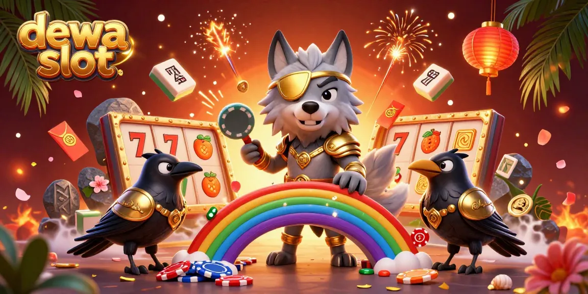 Mengalami keseruan permainan Dewa Slot dengan simbol slot dan karakter mitologi dalam ilustrasi 3D.