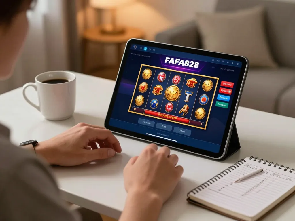 ผู้เล่น FAFA828 มีส่วนร่วมในการเล่นเกมออนไลน์พร้อมโน้ตกลยุทธ์และการตั้งค่าแท็บเล็ต