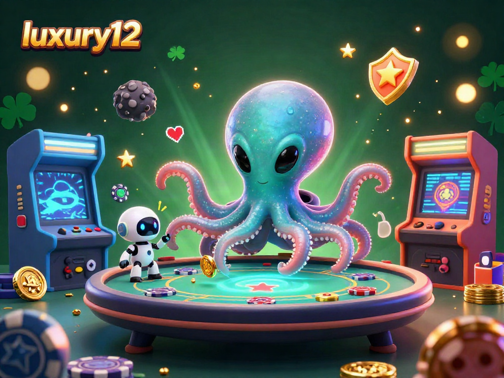 Meja poker holografis dari luxury12 berlatarkan efek keceriaan kasino yang interaktif.
