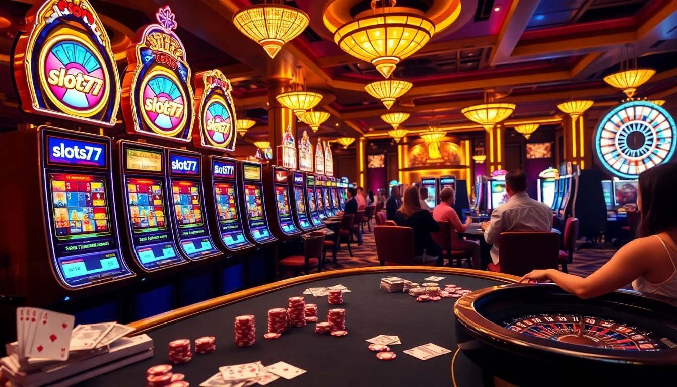 Engaged players exploring slots777 machines in a vibrant casino atmosphere.