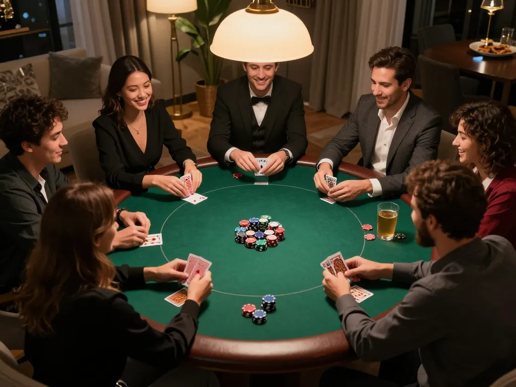 Engaging in friendly gameplay during poker night, participants enjoying a safe and entertaining experience with Liên hệ Luck8 readily accessible.