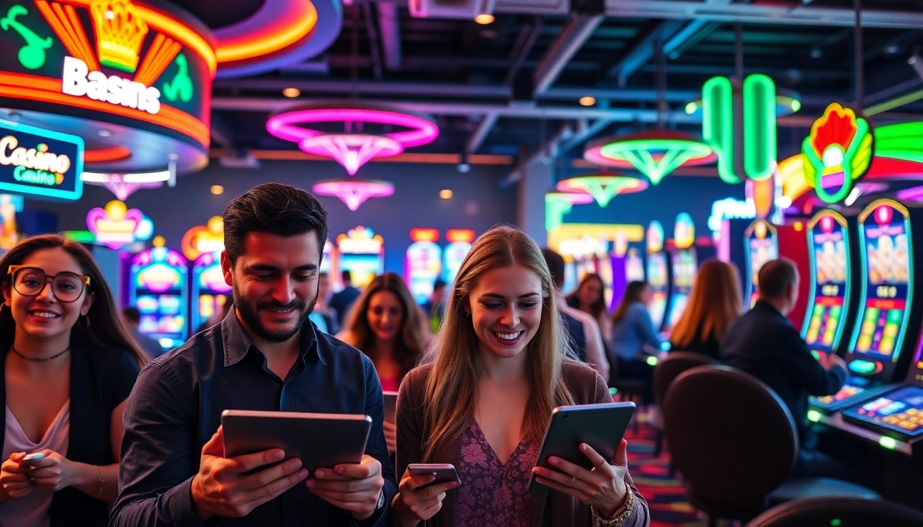 Engaging players enjoying online casino games on digital devices in a vibrant casino atmosphere.