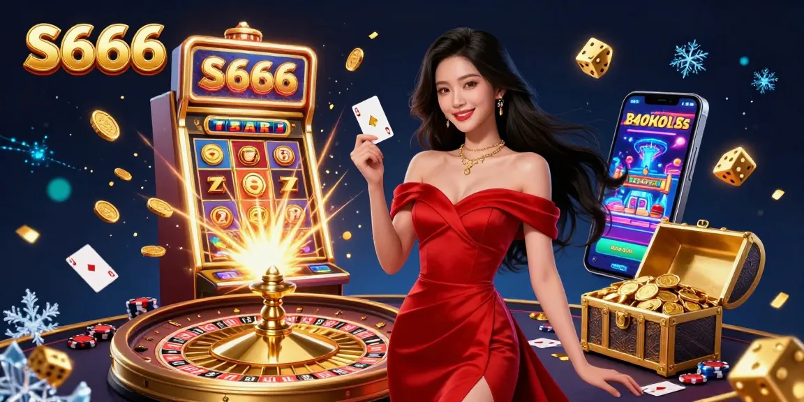 S666 casino illustration featuring a beautiful woman holding a playing card beside a roulette wheel, vibrant gambling elements.
