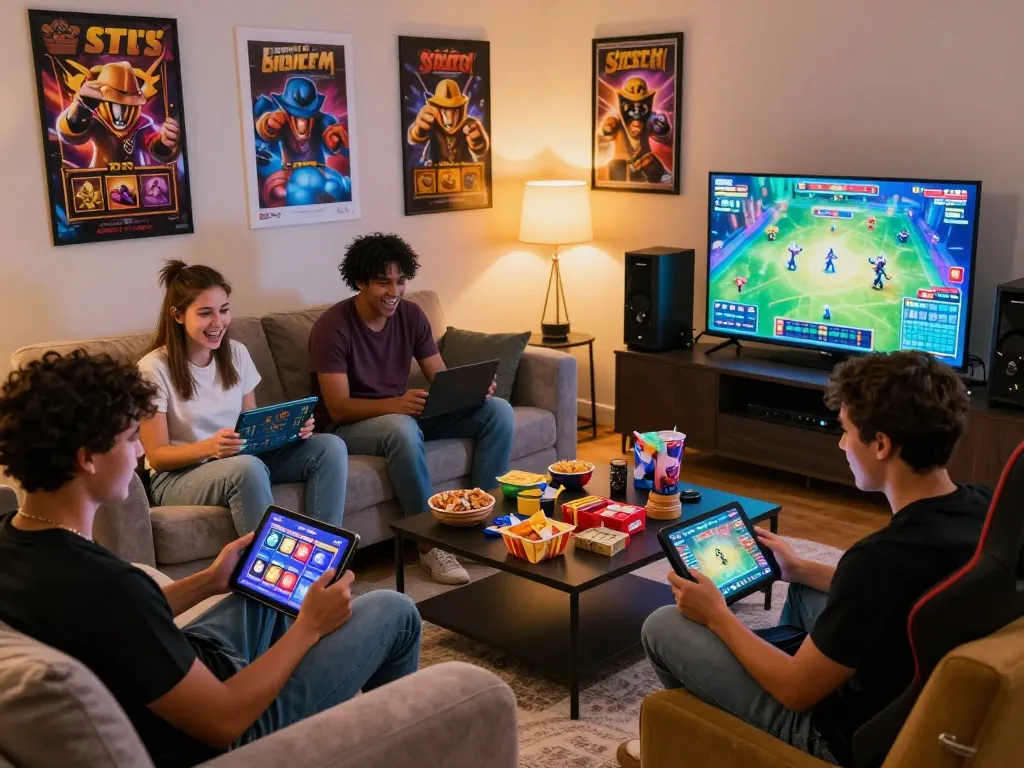 Sahabat menikmati permainan situs slot bersama di suasana ruang tamu yang nyaman.