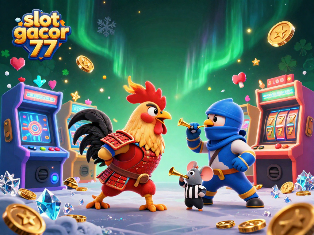 Engage with slot gacor 777 action illustrated in a colorful arena of fighting roosters and game elements.