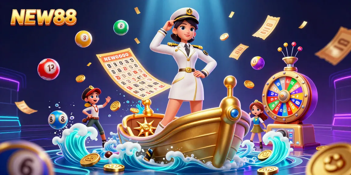 Experience NEW88 with vibrant lottery elements and dynamic gaming excitement, delightfully illustrated.