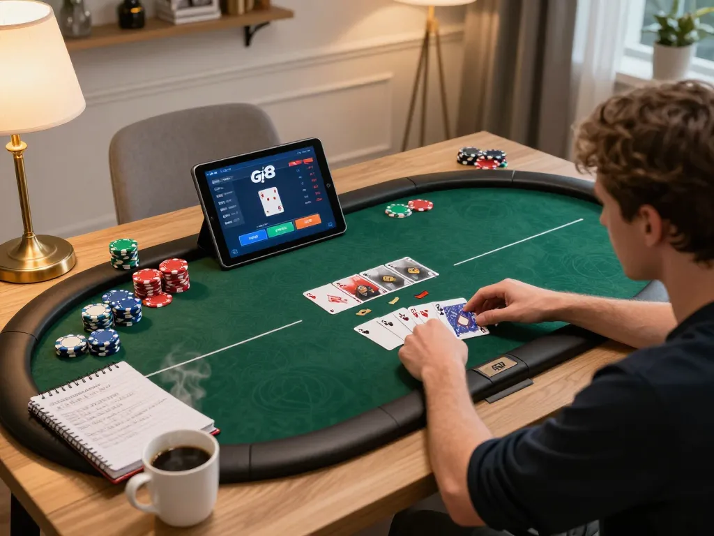 Player engaging with gi8 com poker game on tablet, showcasing colorful chips and intense focus