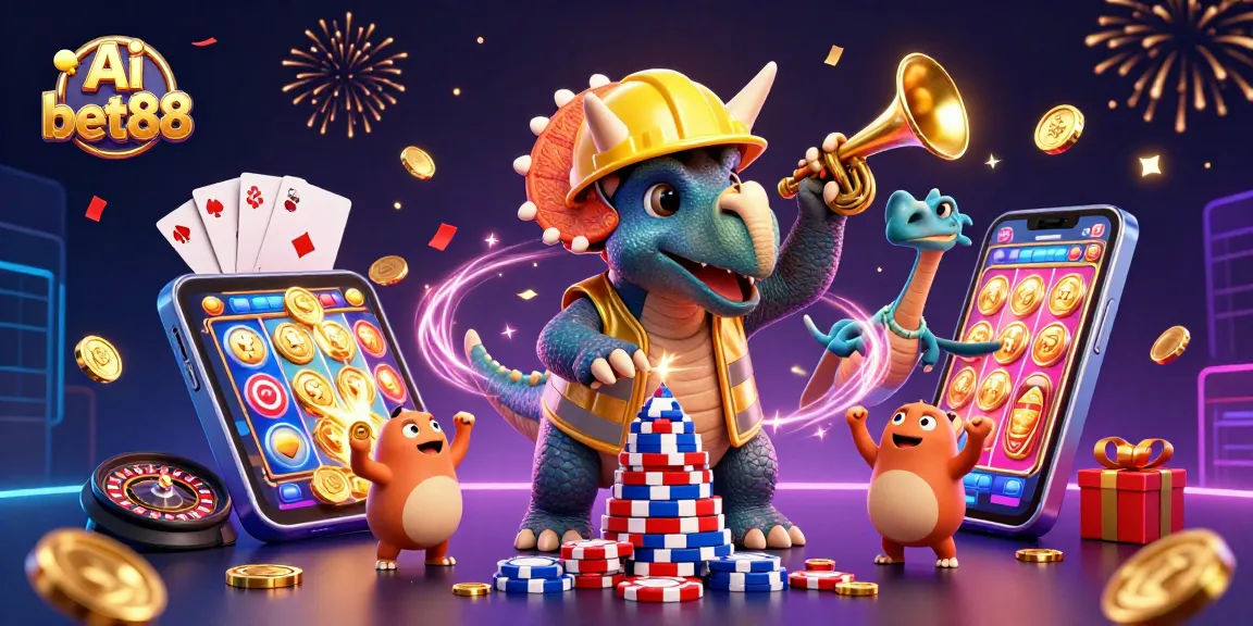 Ai bet88 offers exciting casino action with a triceratops building poker chip pyramids amid winning celebrations.