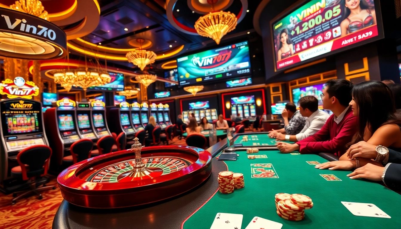 Experience the thrill of Vin777 with players enjoying poker at a vibrant casino table.