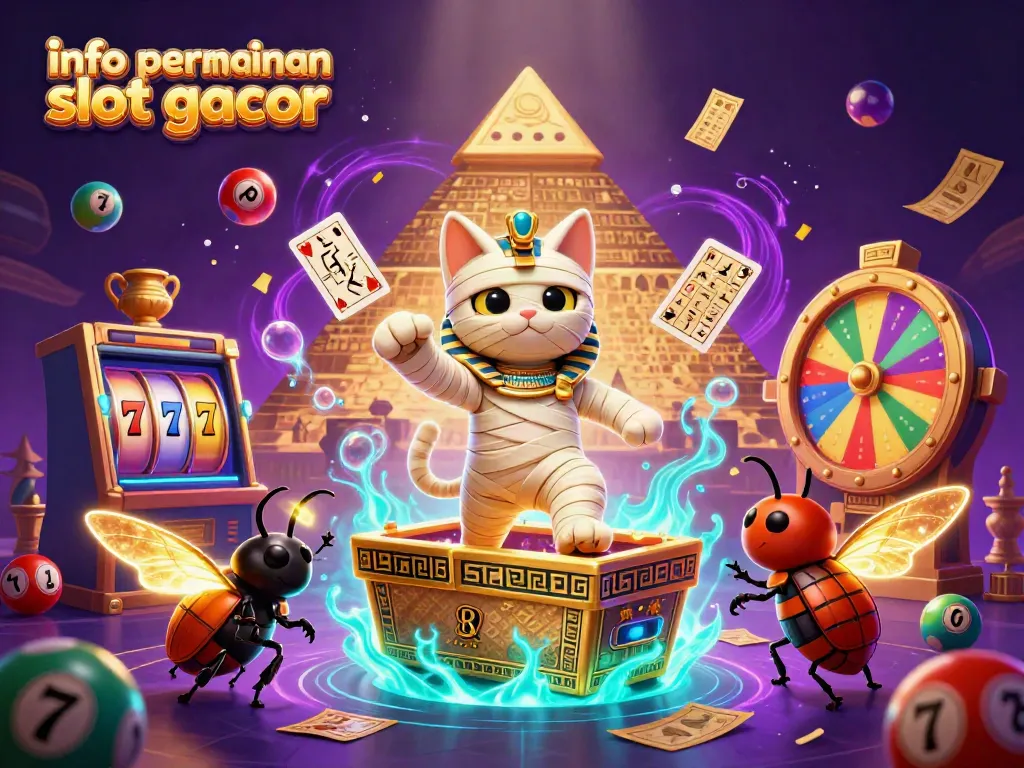 Mengungkap info permainan slot gacor dengan ilustrasi 3D yang menampilkan karakter kucing mumia dan elemen slot yang dinamis.