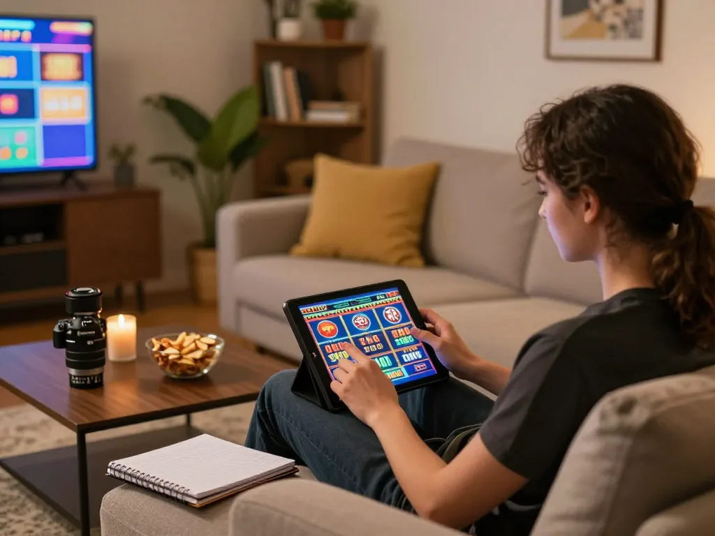 Engaged player enjoying a god55 casino gaming session on a tablet in a cozy home setting.