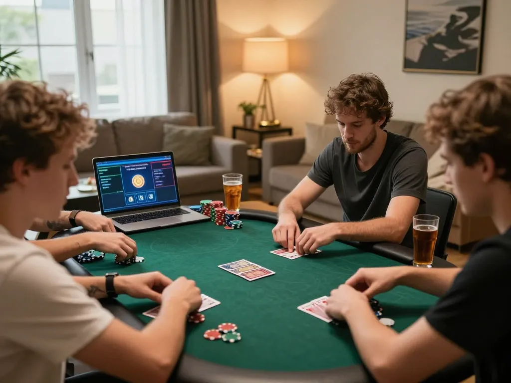 Players engaging in a strategic online poker game, showcasing soc88 gambling excitement in a cozy home environment.