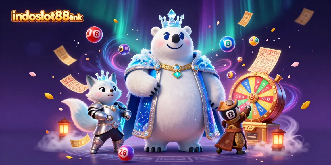 Experience thrilling games with indoslot88 link, featuring a vibrant polar bear and dynamic lottery elements.