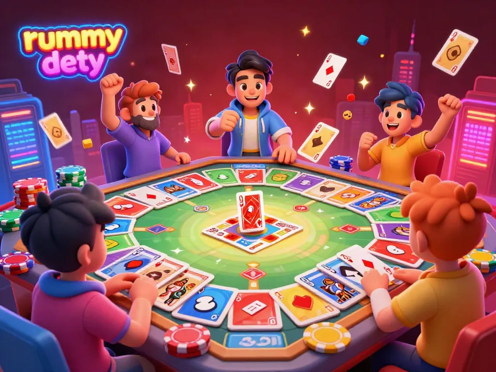 Menangkan game rummy deity dengan keuntungan hadiah berkilau dan kartu yang sedang mengapung.