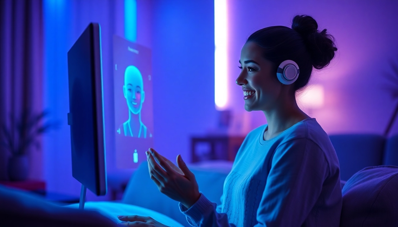 AI girlfriend interacting through a futuristic holographic interface in a cozy setting.