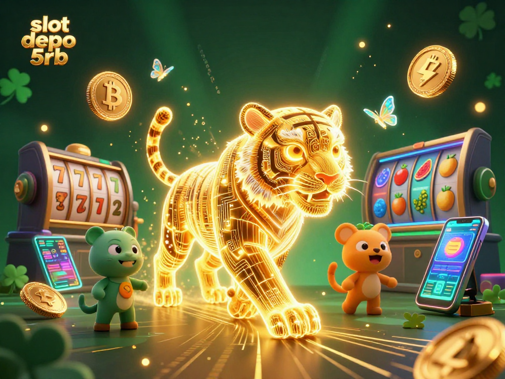 Engage in slot depo 5rb with vibrant casino-themed 3D illustration featuring a glowing tiger and digital elements.