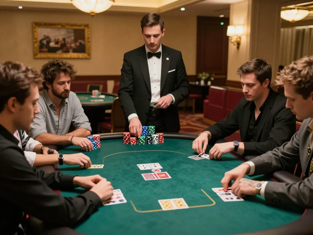 In Nhà cái kk55, experience thrilling poker gameplay at a lively casino table with engaged players.