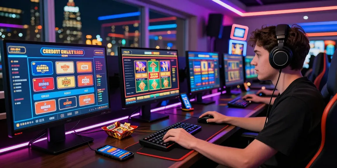 Player enjoying a live game at a credit card casino, with multiple screens displaying vibrant slot machines and dynamic gameplay.