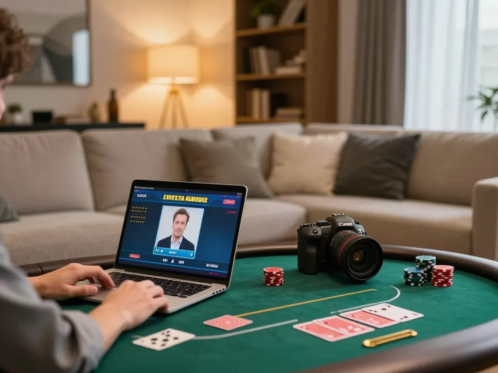 Player strategizing on LUCKYWIN poker game at home with laptop and chips