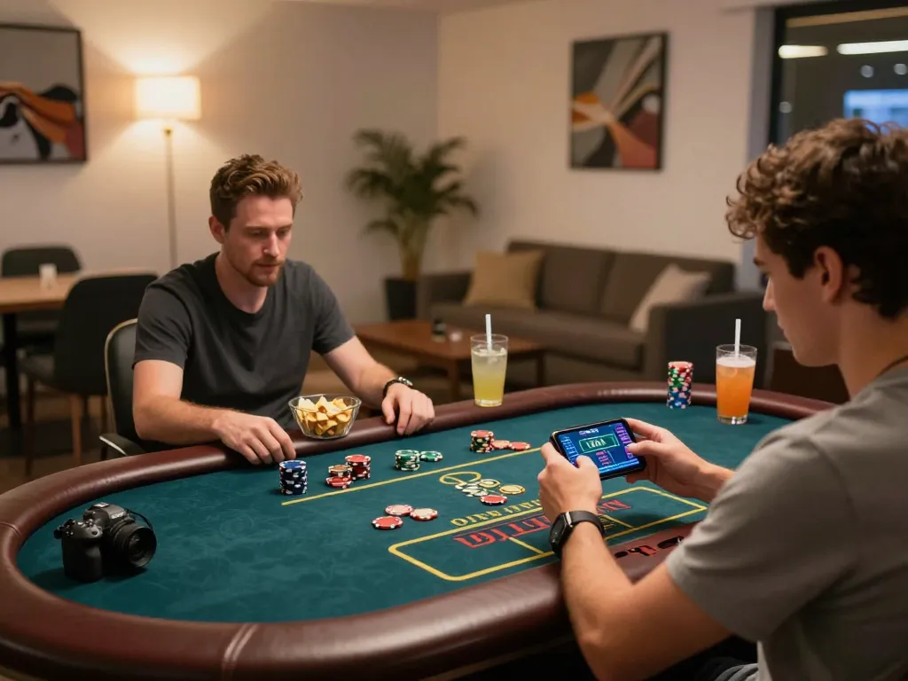 Engaged player on nk88 enjoying live dealer gaming on smartphone with cozy home setting.