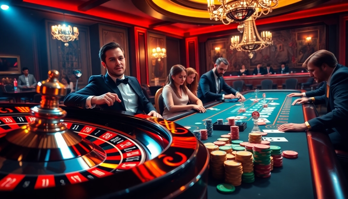 Experience the excitement of gambling at https://b52.za.com/ with vibrant casino tables, poker chips, and players.