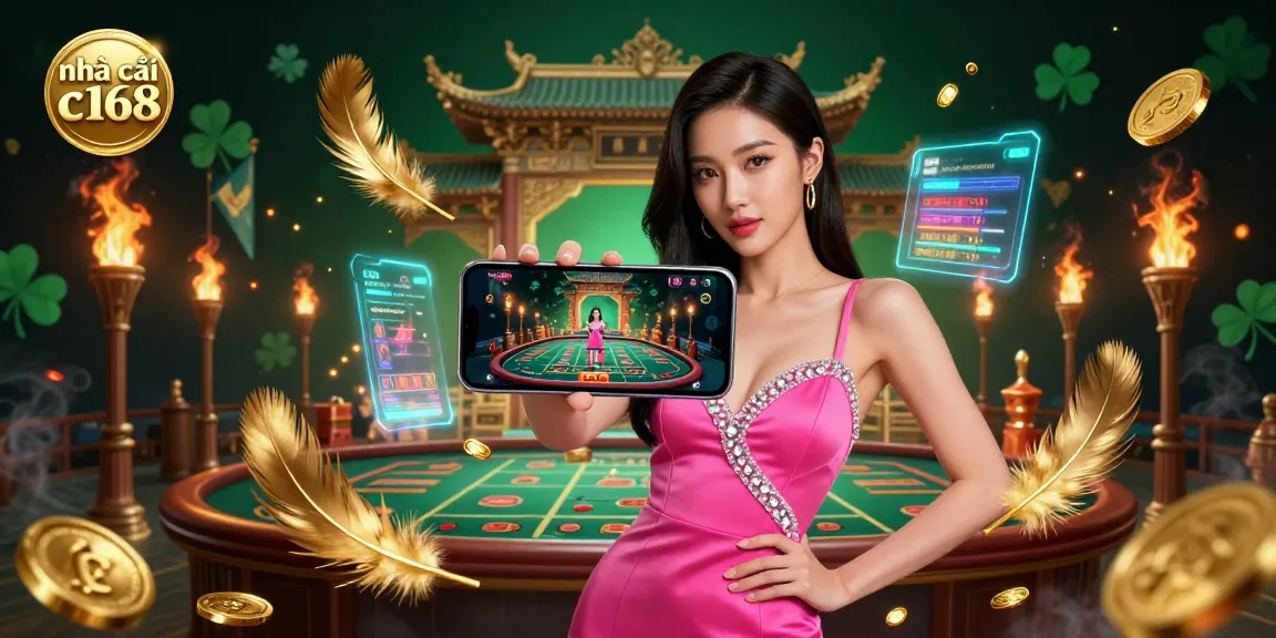 Engage in thrilling casino action with nhà cái c168 as an Asian woman showcases a live dealer game on her smartphone amidst dynamic casino elements.