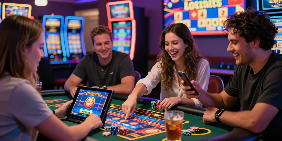 Bonus buy slots excitement at a casino table with players engaged in gaming and strategy discussions.