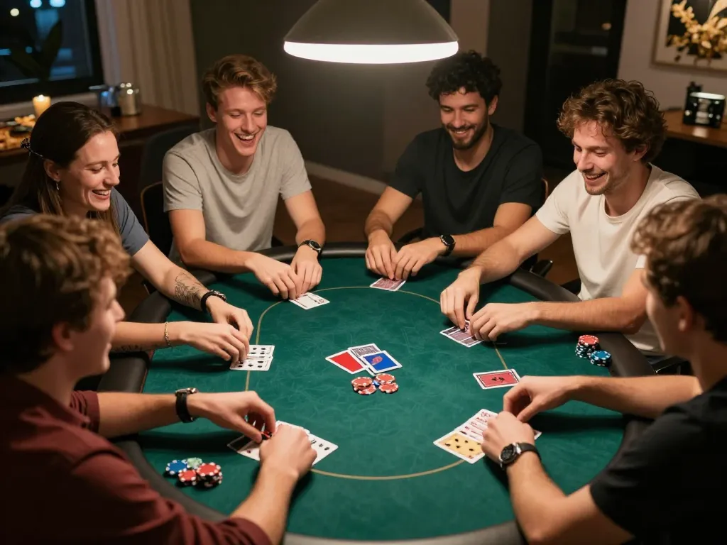 Friends enjoying a lively poker night at home, showcasing strategy and excitement in a social gaming atmosphere inclusive of ok365.