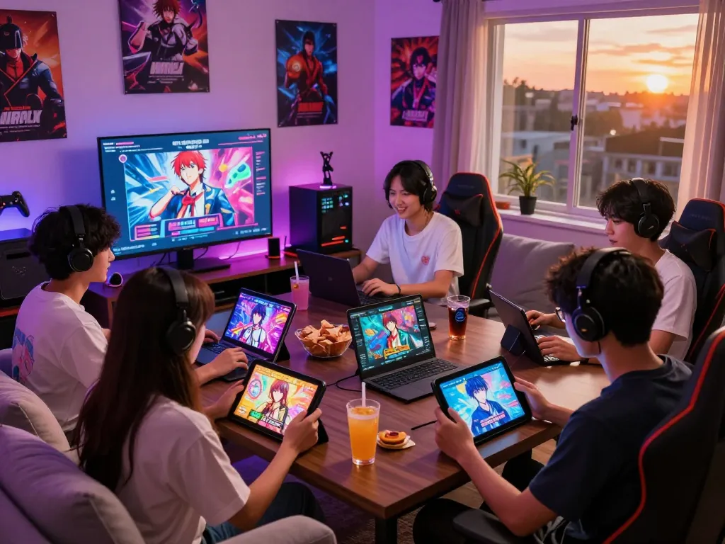 Friends enjoying porngames at a stylish gaming setup with vibrant lighting.