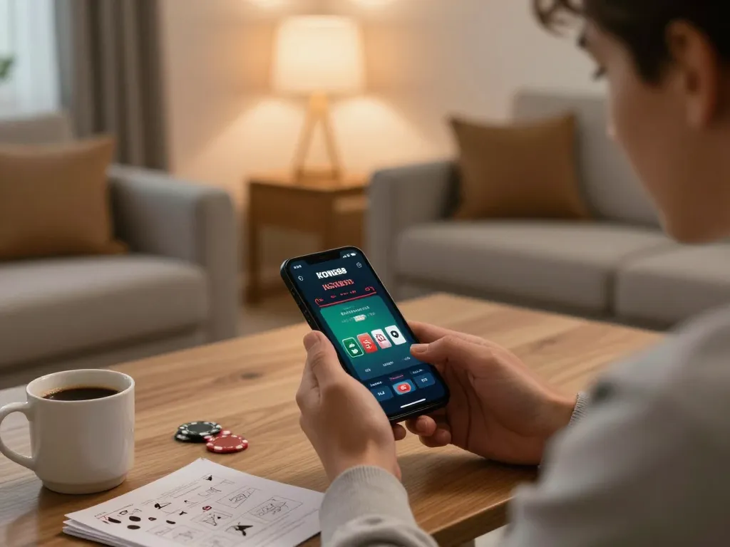 KONG88 player interacting with mobile casino app in a comfortable living room