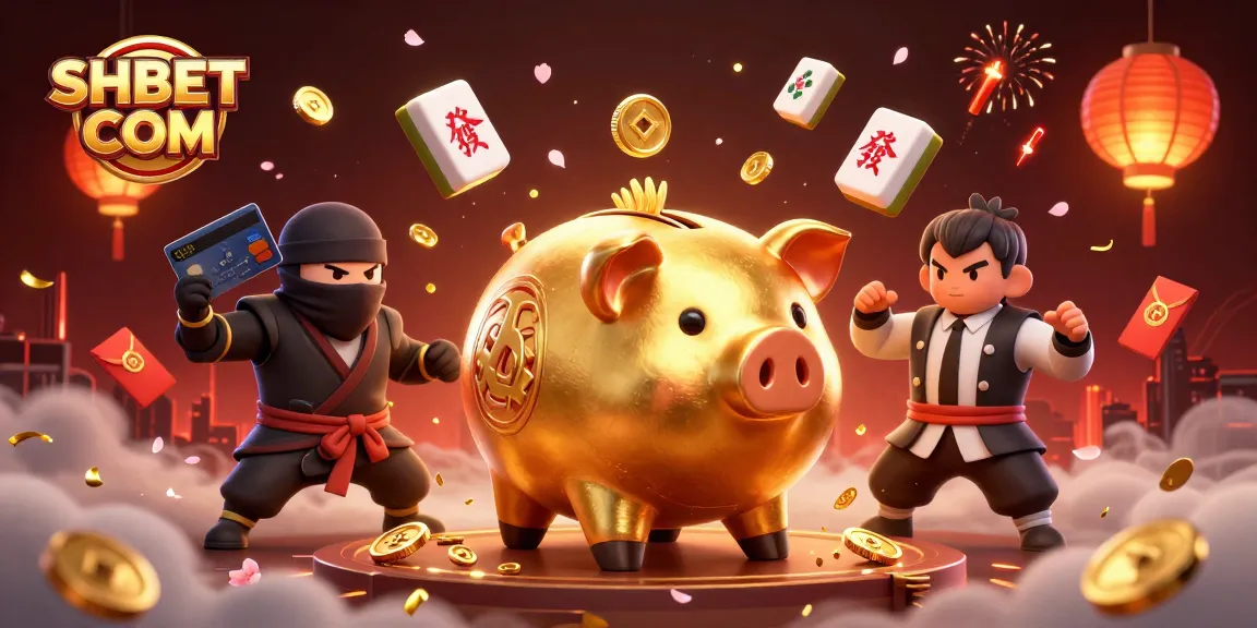 Experience winning at SHBET COM with thrilling illustrations of a golden piggy bank sumo wrestler and dynamic casino elements.