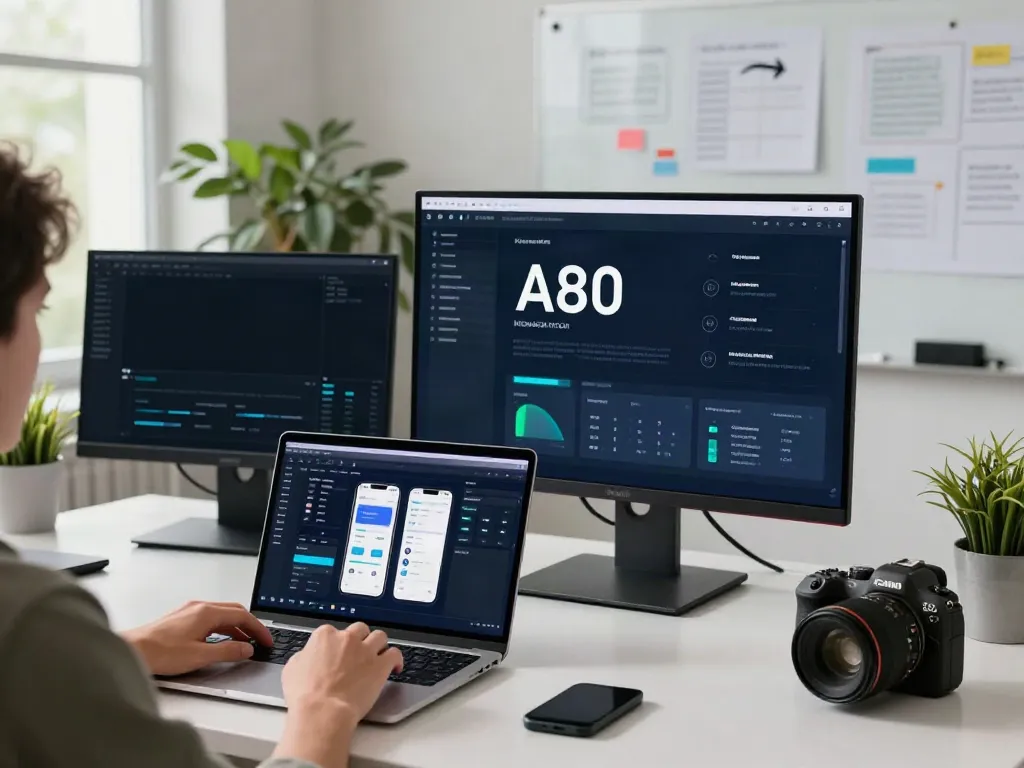 A person using the A80 information platform on a touchscreen in a tech workspace.