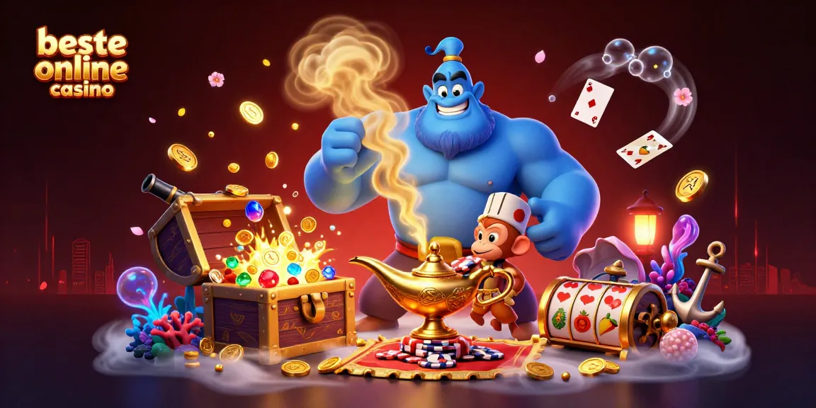 Engage with the beste online casino experience illustrated by a magical genie, poker chips, and gold coins.