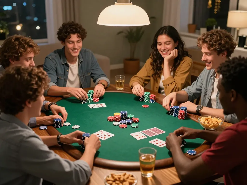 Friends enjoying a poker night with vibrant chips at the table during a cozy home gathering focused on gambling with 388bet.