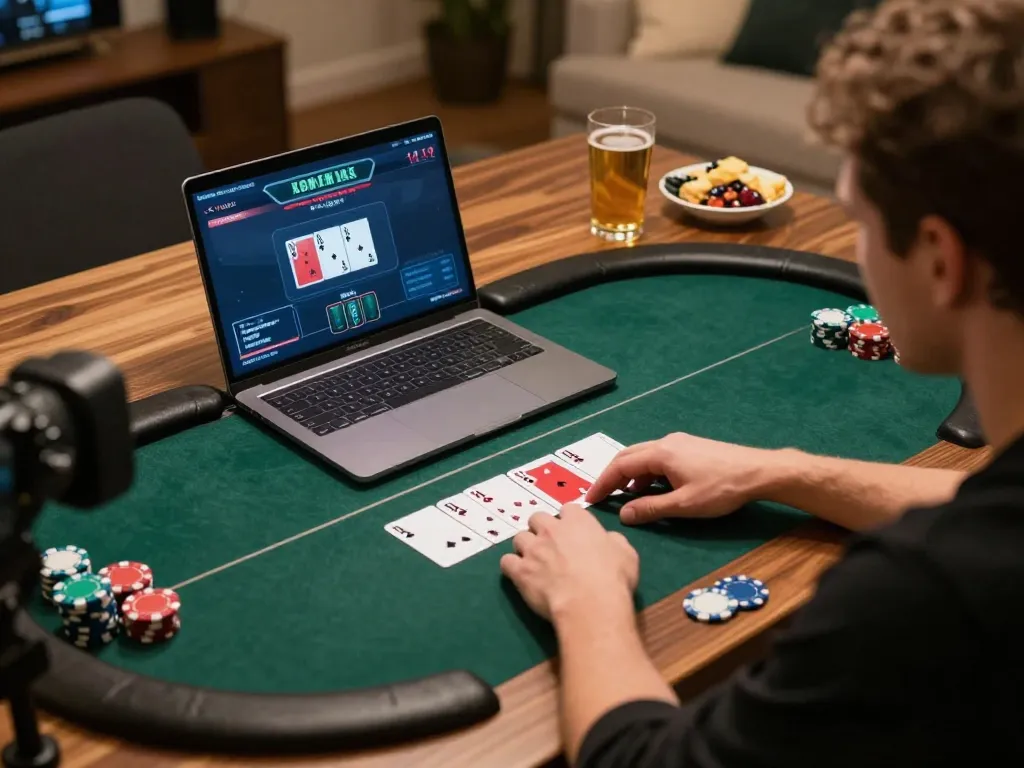 Engaging online poker scene showcasing m113 gaming action with laptop and chips