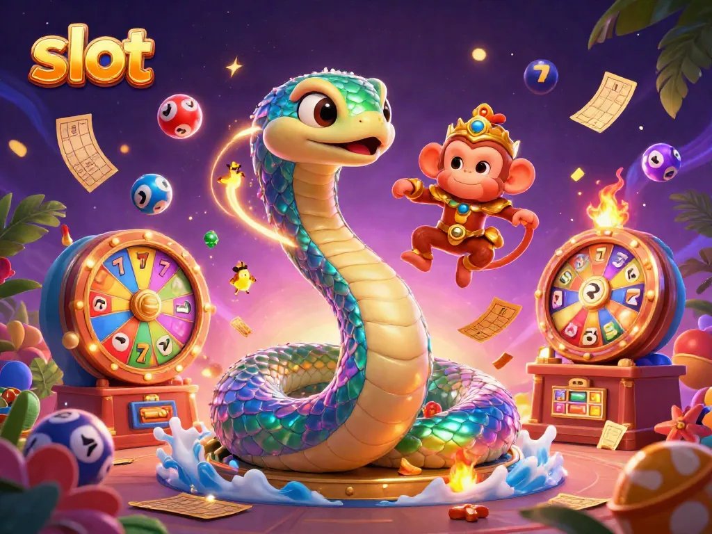 Slot dengan simbol irama sirkus tampil menawan dalam ilustrasi digital 3D.