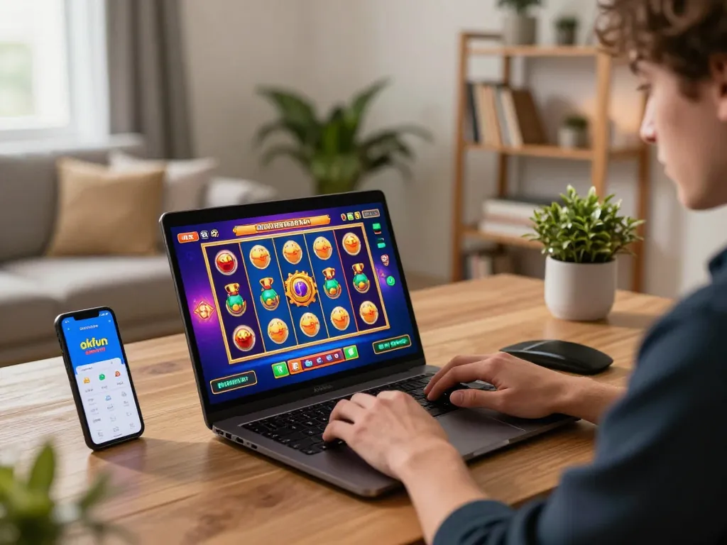 Player engaged in online gambling with the okfun app and colorful slot games on laptop