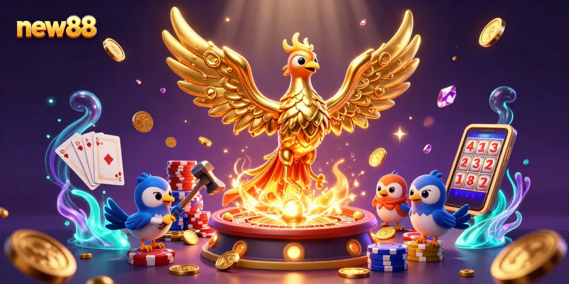 Experience winning thrills with new88's epic golden phoenix and casino elements in a dazzling scene