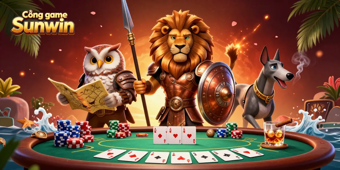 Cổng game Sunwin offers thrilling poker action with Spartan lion and owl strategist in a vibrant casino scene.