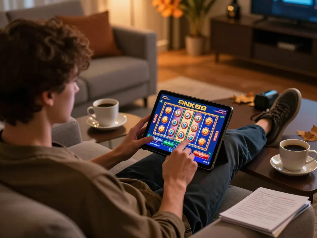 Navigating the NK88 online casino platform on a tablet while enjoying a cozy home gaming experience.