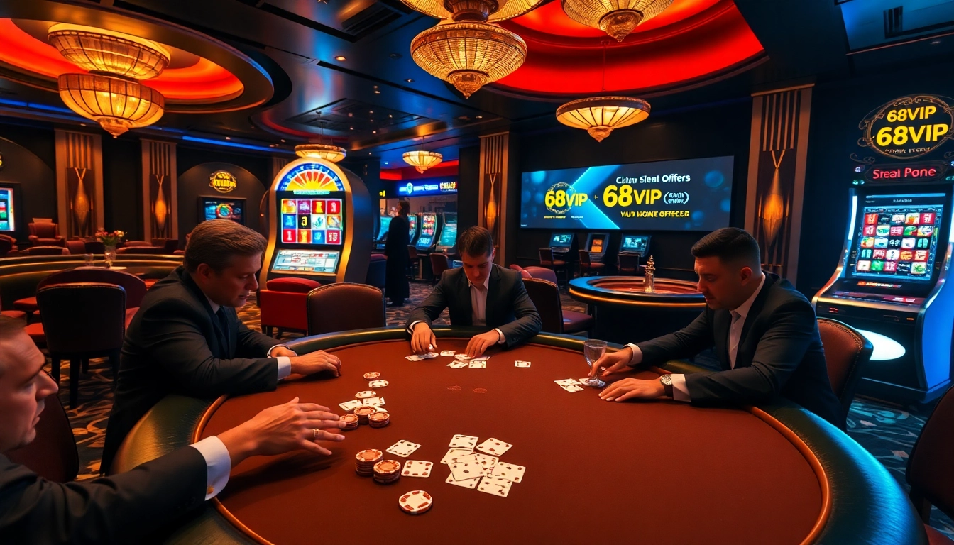 High-stakes poker action at 68VIP casino, showcasing chips, cards, and vibrant atmosphere.