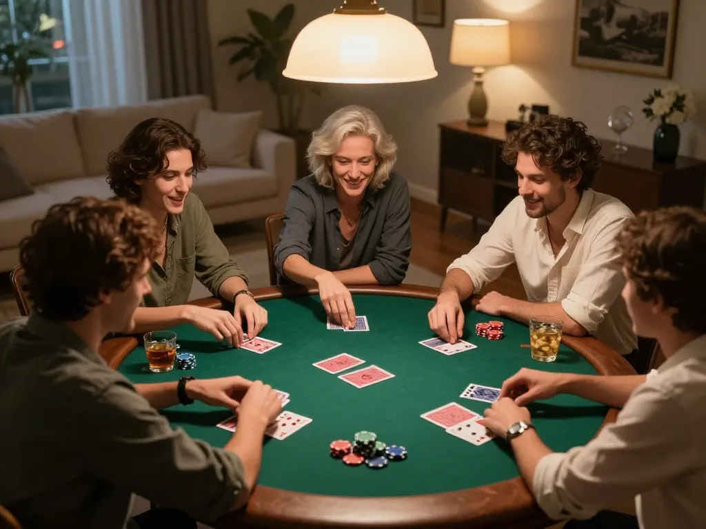 Friends enjoy an engaging poker night at home, showcasing social gambling practices in a relaxed setting.