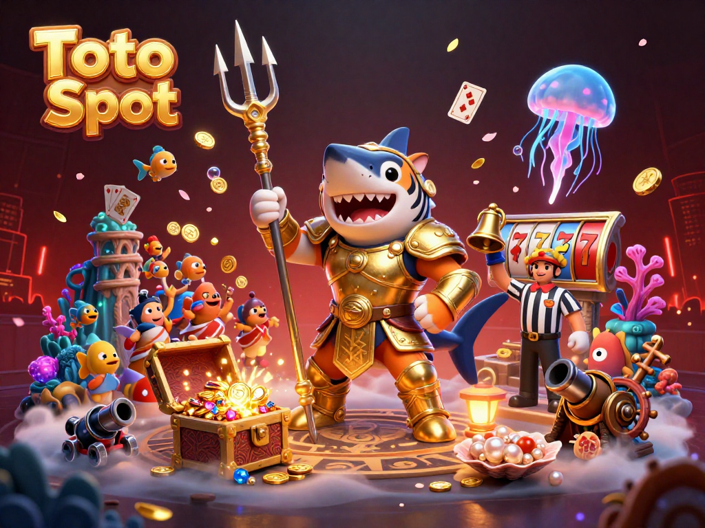 Toto Slot features a fierce tiger shark in gladiator armor in an underwater casino scene filled with treasure and excitement.